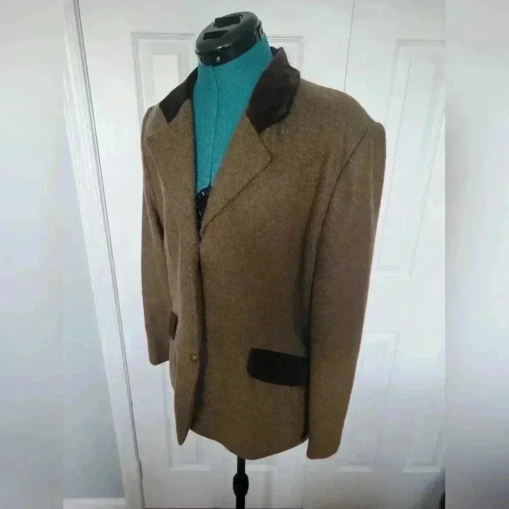 Vintage Brown Wool Blazer Velvet Collar Brass Buttons EU 42 - Picture 2 of 6